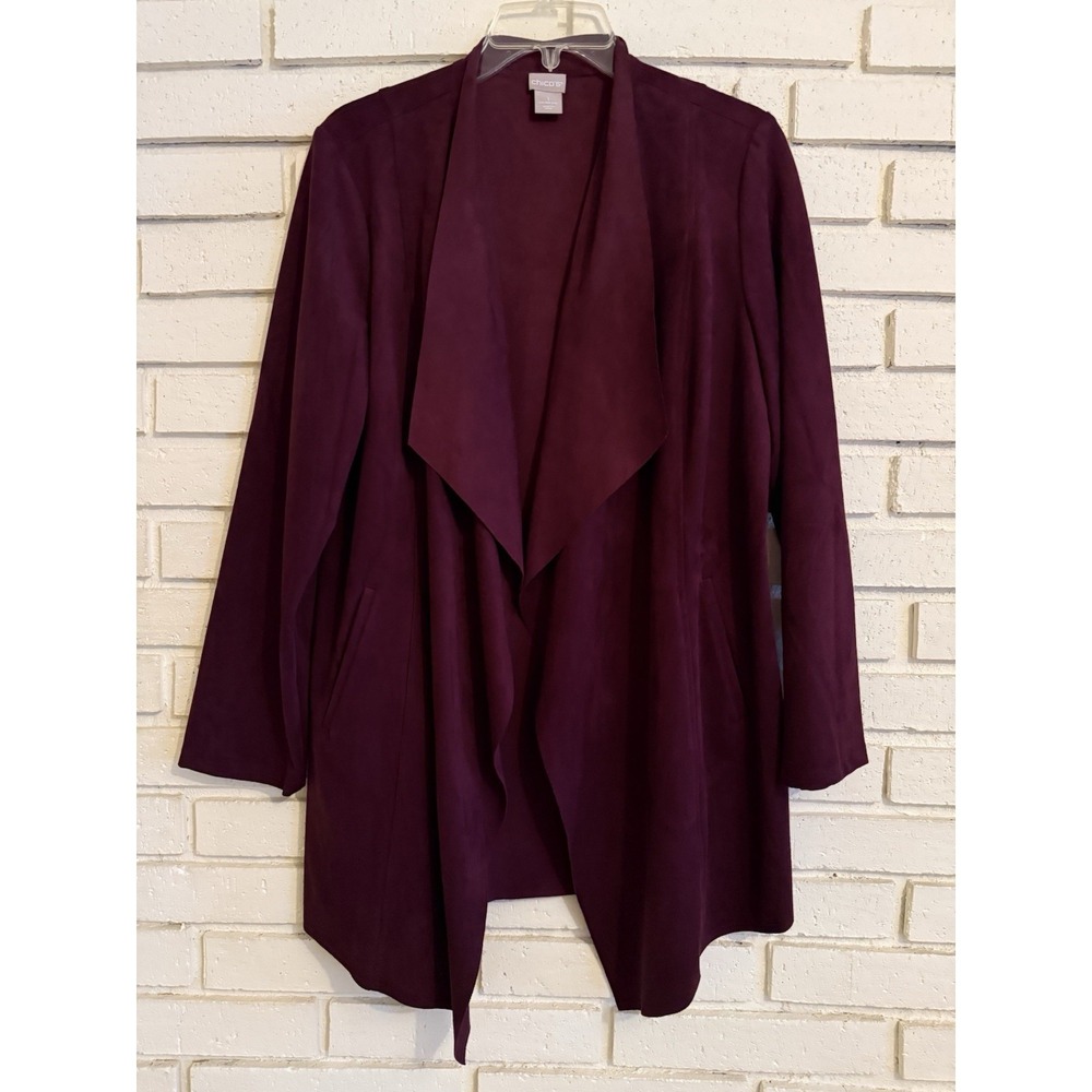 Chico's 1 Burgundy/Wine Faux Suede Drape Front Jacket Chico's‎ Size Medium